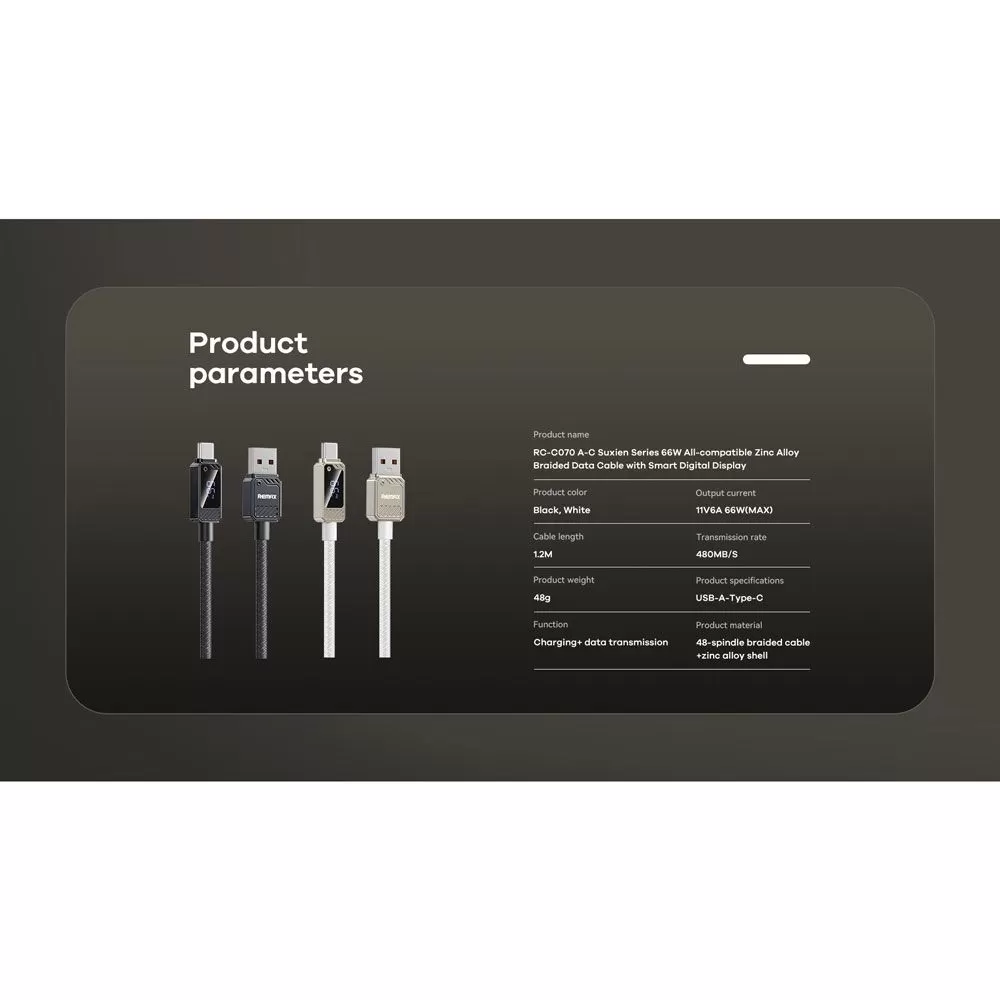 REMAX RC-C070_A-C USB-A to Type-C 66W Fast Charging Cable with Display