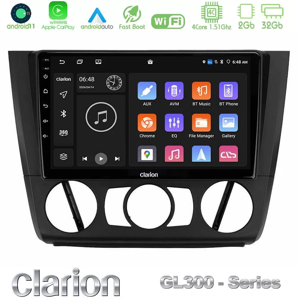 Clarion GL300 Series 4Core Android11 2+32GB BMW 1Series E81/E82/E87/E88 (MANUAL A/C) Navigation Multimedia Tablet 9" Με Carplay 