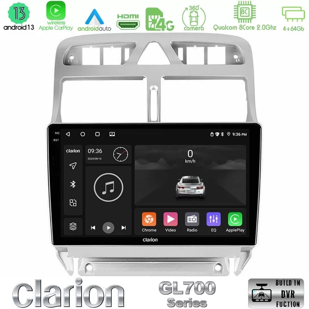 Clarion GL700 Series 8Core Android13 4+64GB Peugeot 307 2002-2008 Navigation Multimedia Tablet 9" Με Carplay & Android Auto