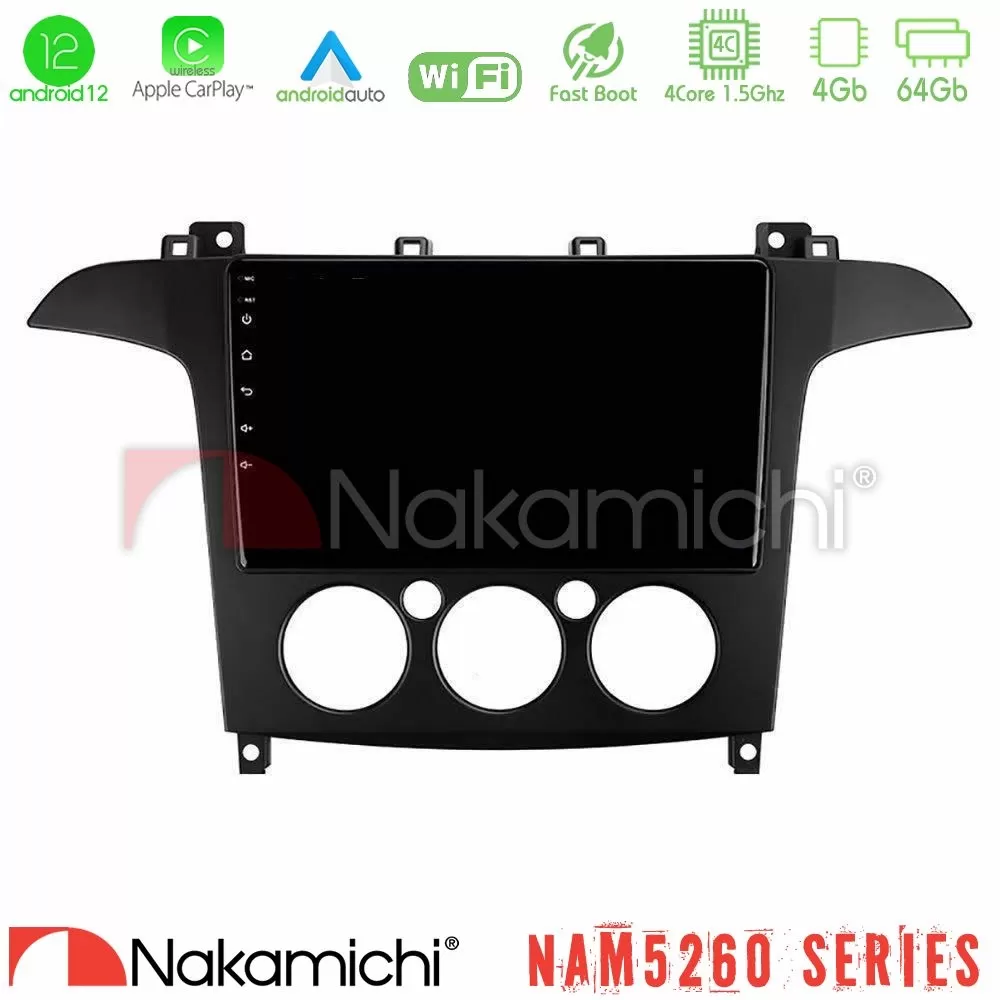Nakamichi NAM5260 Series 4Core Android12 4+64GB Ford S-Max 2006-2008 (manual A/C) Navigation Multimedia Tablet 9" Με Carplay & A