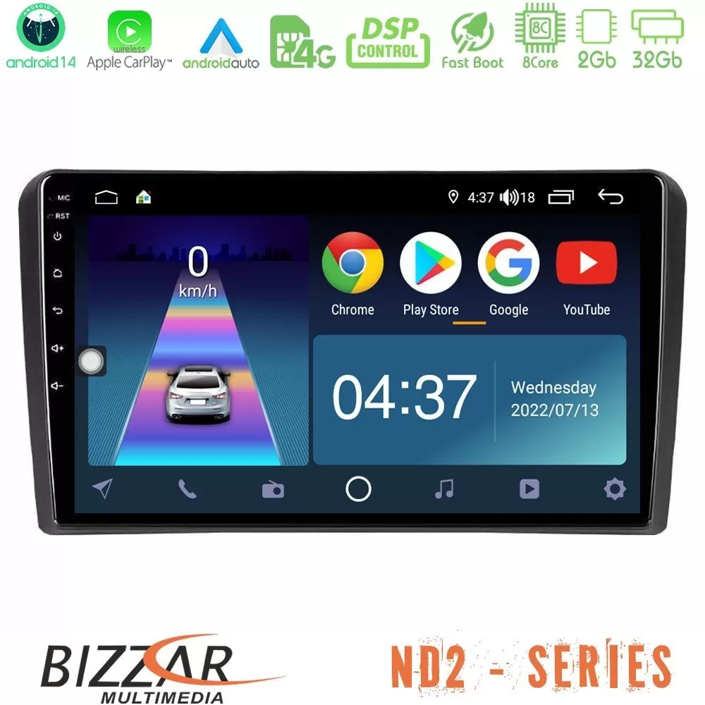 Bizzar ND2 Series 8Core Android14 2+32GB Audi A3 8P Navigation Multimedia Tablet 9" Με Carplay & Android Auto