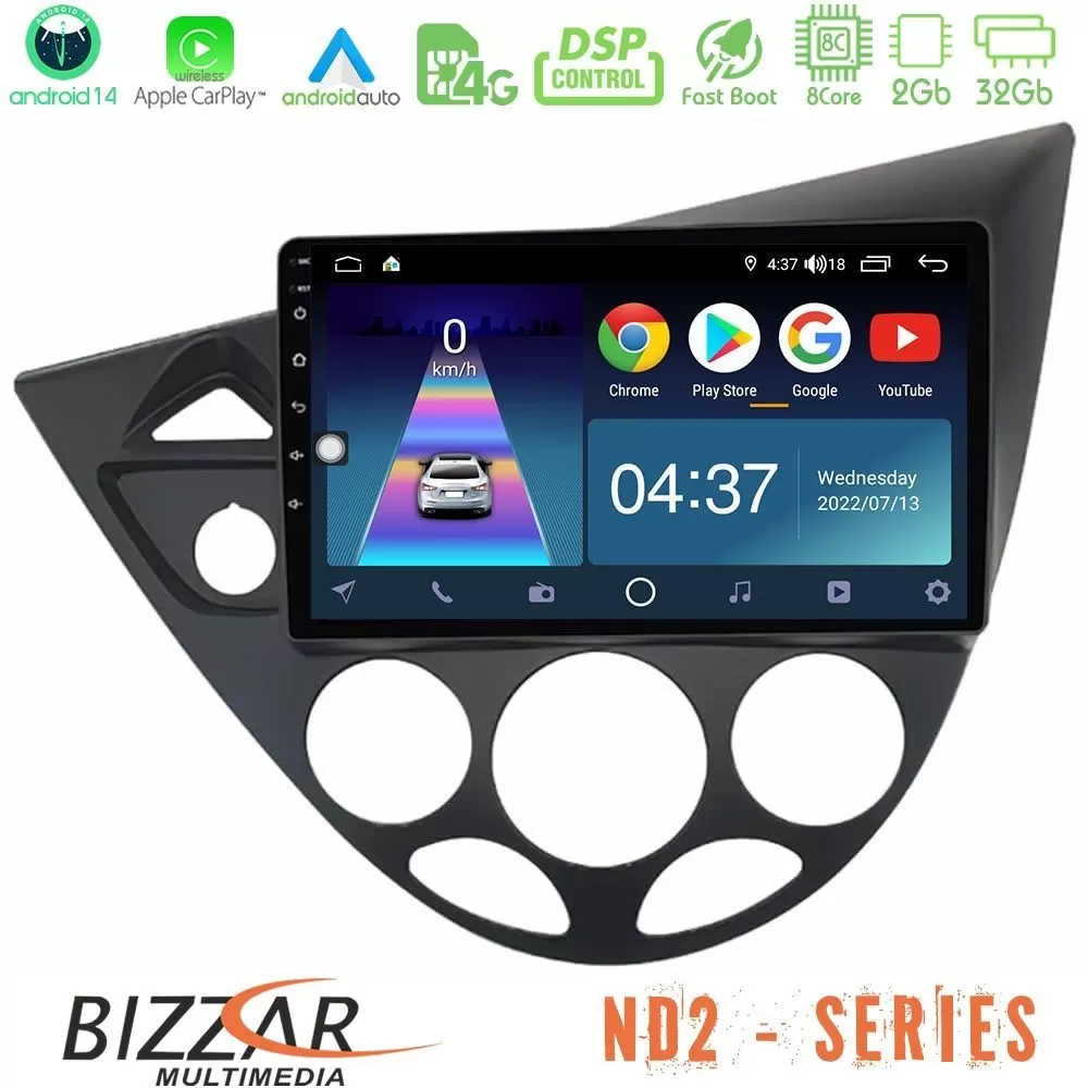 Bizzar ND2 Series 8Core Android14 2+32GB Ford Focus 1999-2004 Navigation Multimedia Tablet 9" Με Carplay & Android Auto