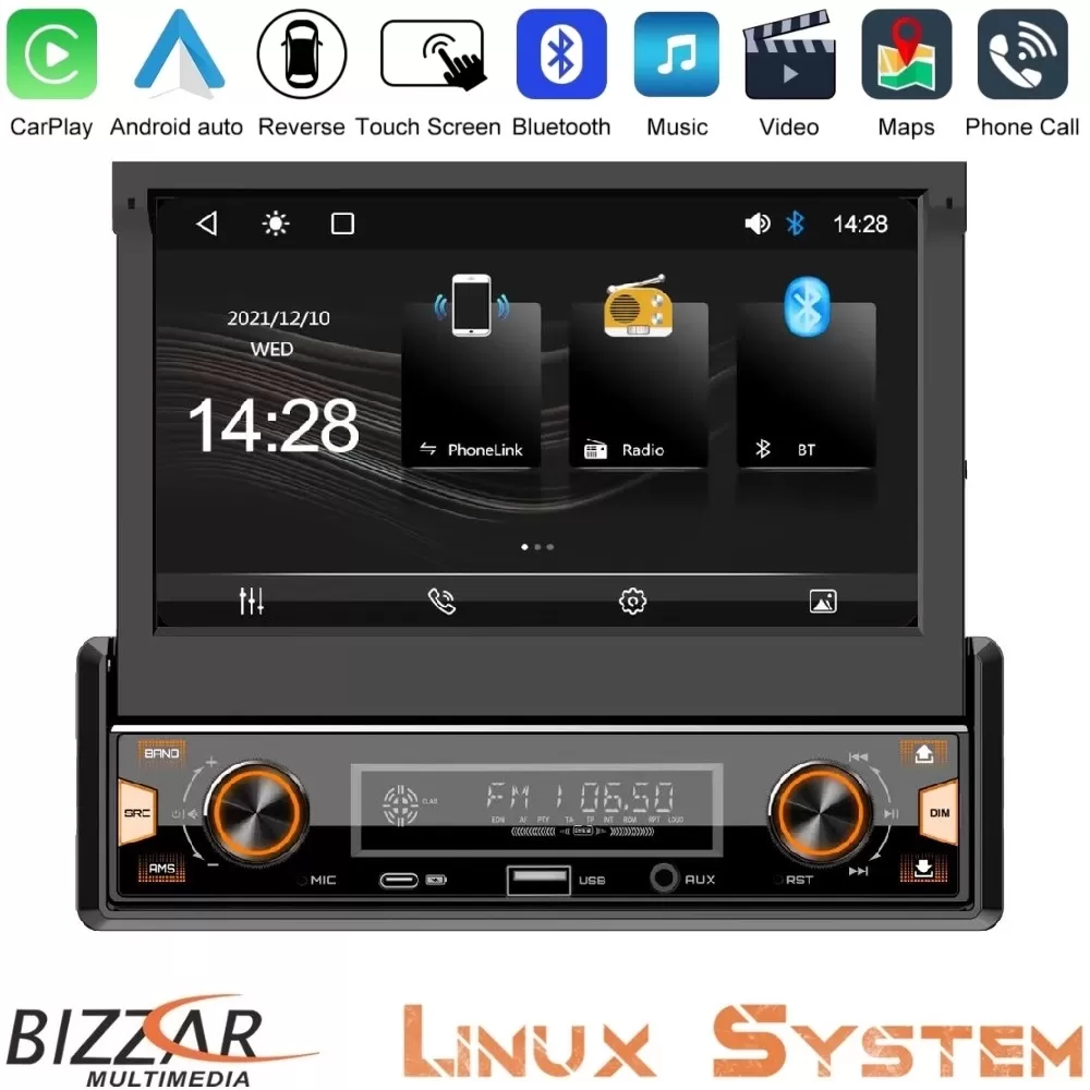 Bizzar 1DIN Deck Multimedia Deckless 7" με Carplay/AndroidAuto CA-80CPW