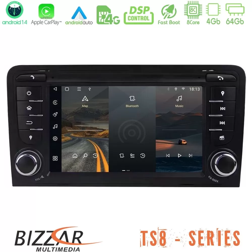 Bizzar Audi A3 8P 8core Android14 4+64GB Navigation Multimedia Deckless 7" με Carplay/AndroidAuto (OEM Style)
